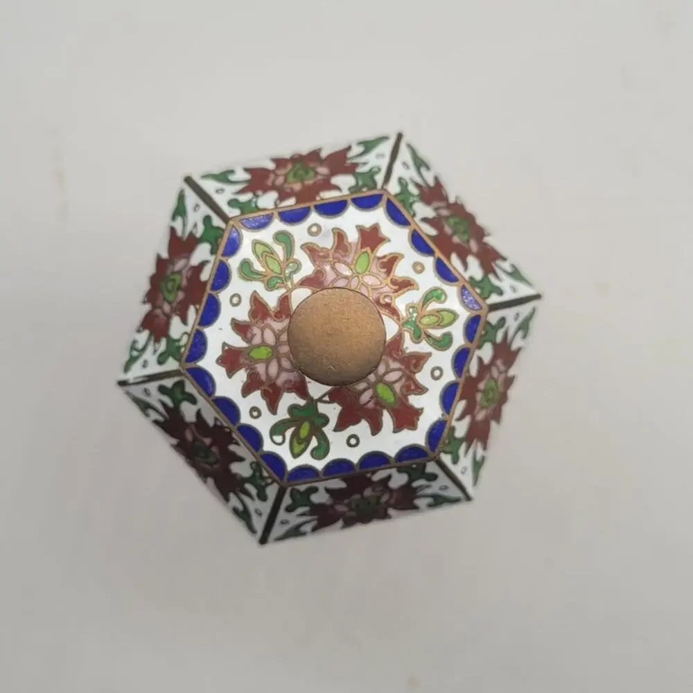 Vintage Chinese Cloisonné Blue Peony Butterfly Hexagonal Lidded Ginger Jar Decor